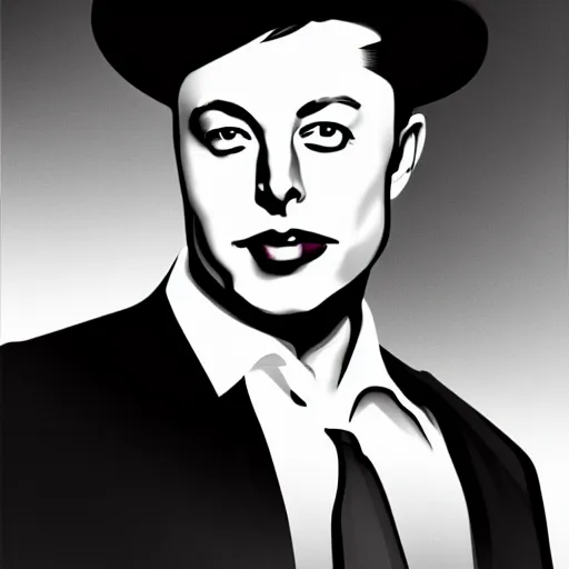 Prompt: a glamorous black and white portrait of elon musk with a hat, in the style of george hurrell