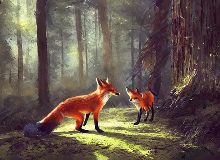 Image similar to foxes playing in the woods, digital painting, highly detailed, artstation, sharp focus, illustration, concept art, ruan jia, steve mccurry, amazing composition