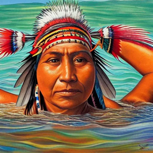 Prompt: full body, highly detailed, native indian woman swimming, painting