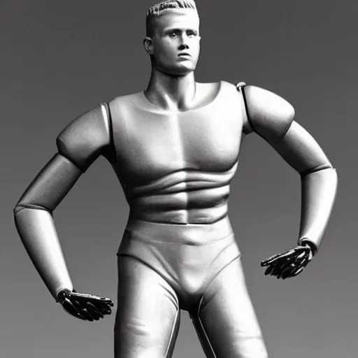 Image similar to “ a realistic detailed photo of a guy who is an attractive humanoid who is half robot and half humanoid, who is a male android, football player christian mccaffrey, shiny skin, posing like a statue, blank stare, on the bed, on display ”