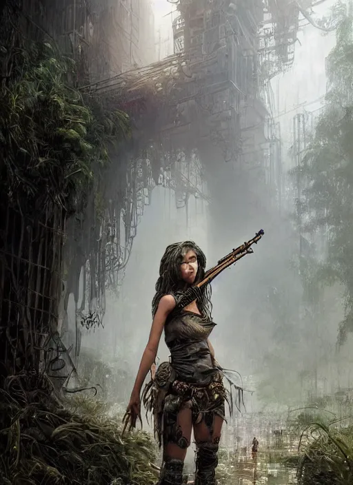 Prompt: portrait of a young very beautiful cute tribal woman holding a steampunk gun, in a post apocalyptic city overgrown with lush vegetation, by Luis Royo, by Greg Rutkowski, dark, gritty, intricate, volumetric lighting, volumetric atmosphere, concept art, cover illustration, octane render, trending on artstation, 8k