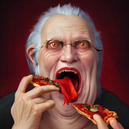 Prompt: portrait of evil grandma opening his mouth to eat pizza, highly detailed, digital painting, artstation, concept art, sharp focus, illustration, art by artgerm and greg rutkowski and alphonse mucha