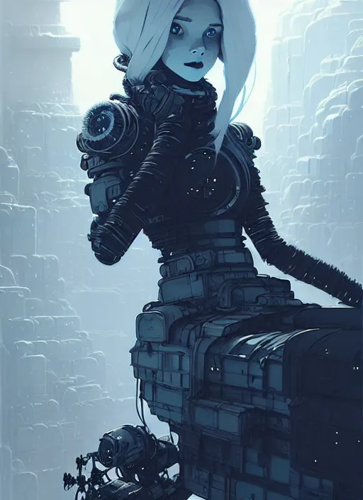 Image similar to highly detailed portrait of a hopeful frostpunk long blonde hair lady with mecha companion, stray wiring by atey ghailan, james gilleard, by joe fenton, by greg rutkowski, by greg tocchini, by kaethe butcher, 4 k resolution, gradient blue, black and white color scheme!!! ( ( glaciated dystopian city background ) )