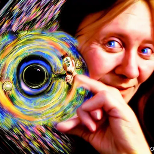 Prompt: A digital art. A rip in spacetime. Did this device in her hand open a portal to another dimension or reality?! extreme close-up by Oskar Kokoschka, by Yasushi Nirasawa mournful