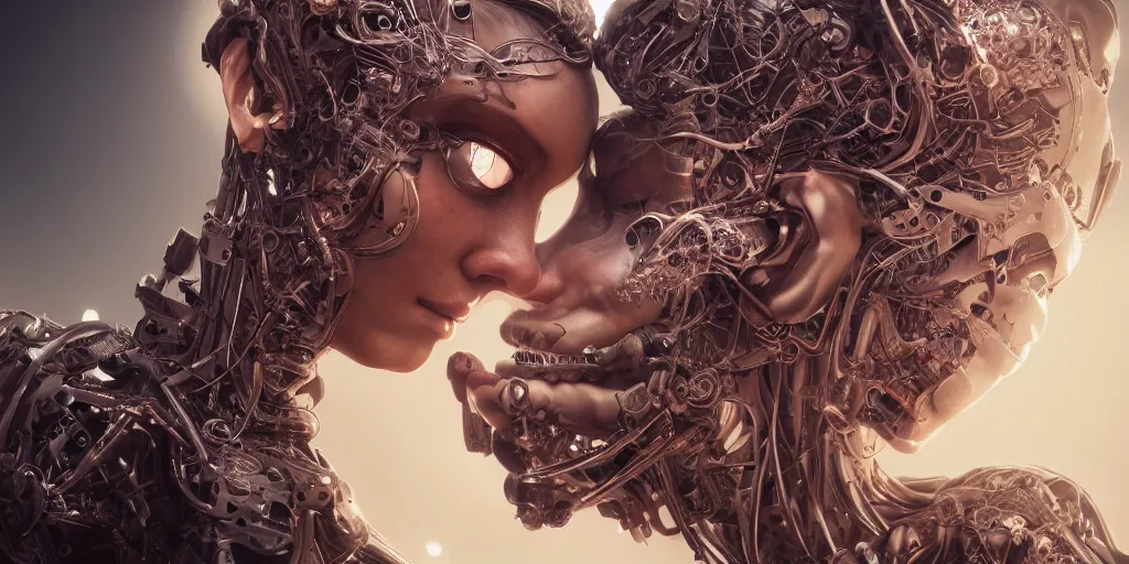 Image similar to hyper realistic photography of a beautiful cyborg female, intimate holding close, in the style of beth cavener, jin kagetsu, wlop, westworld, highly detailed, intricate filigree, symmetry, masterpiece, concept art, highkey lighting, ambient lighting, octane render, 8 k, artstation