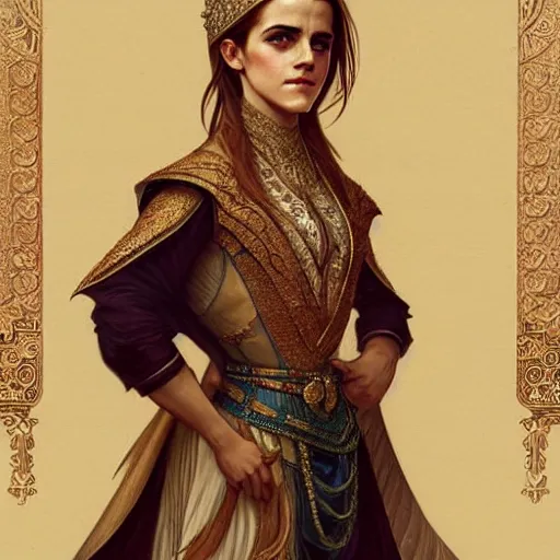 Prompt: emma watson portrait of ottoman sultan gog, female, clear face, symetrical, masculine, full body, muscular, fantasy, intricate, elegant, highly detailed, digital painting, artstation, concept art, matte, sharp focus, illustration, art by artgerm and greg rutkowski and alphonse mucha