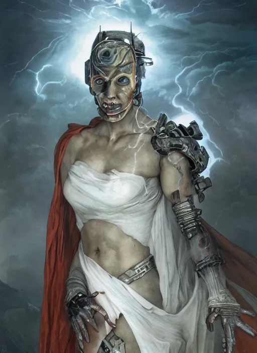 Image similar to portrait of a diabolical marble cyborg girl, ancient, wearing torn white cape, dynamic pose, thunder, glowing eyes, post apocalyptic ancient ruins, glowing veins subsurface scattering, in clouds, sunset, portrait, by gerald brom, by mikhail vrubel, by peter elson, muted colors, extreme detail, trending on artstation, 8 k