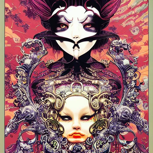 Image similar to portrait of crazy girl wearing venetian mask, symmetrical, by yoichi hatakenaka, masamune shirow, josan gonzales and dan mumford, ayami kojima, takato yamamoto, barclay shaw, karol bak, yukito kishiro