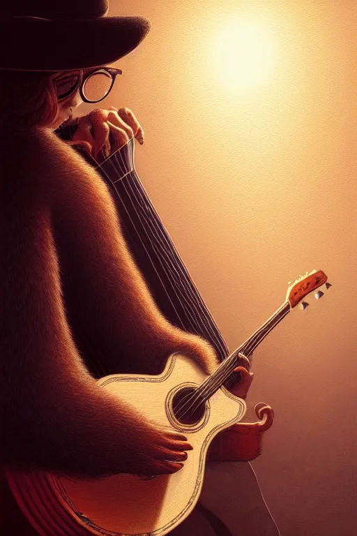 Image similar to portrait of an anthropomorphic owl playing the guitar, dramatic lighting, highly detailed, digital painting, artstation, concept art, smooth, sharp focus, illustration, art by wlop, mars ravelo and greg rutkowski