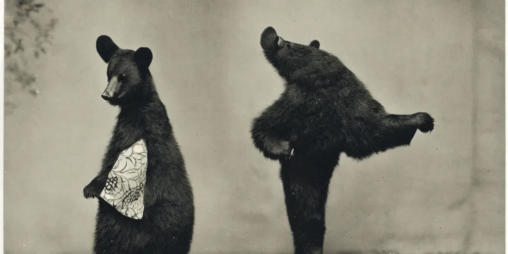 Image similar to anthropomorphic asian black bear in kimono, 1900s photo