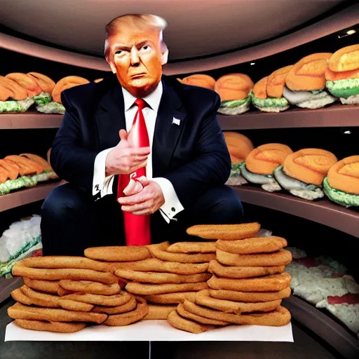 Prompt: Donald trump sitting on a pile of hamburgers in a bank vault, AP photography