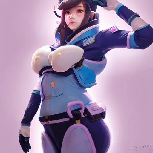 Image similar to Stunning Portrait of Bunny Ears D.VA from Overwatch wearing a police uniform by Kim Jung Gi, holding handcuffs in one hand Blizzard Concept Art Studio Ghibli. oil paint. 4k. by brom, Pixiv cute anime girl wearing police gear by Ross Tran, Greg Rutkowski, Mark Arian, soft render, octane, highly detailed painting, artstation