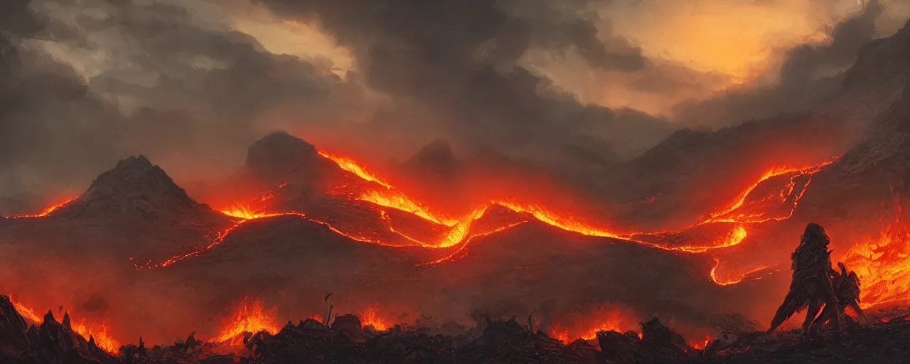 Image similar to Dead landscape, fire and lava, black volcano, rugged black clouds, ash in the sky, army of orcs gathering below, fantasy book illustration 8k movie poster, cinematic composition