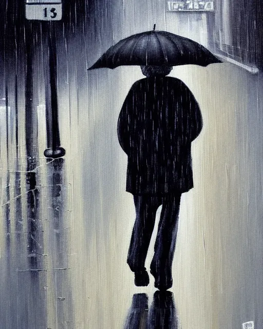 Image similar to a painting of an old man walking down the street, rain, an ultrafine detailed painting, by cabu, featured on deviantart, detailed painting, deviantart