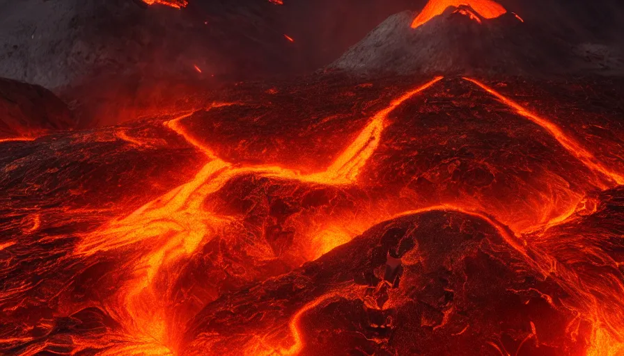 Prompt: a volcanic landscape, golden flowing lava, cinematic lighting, behance hd, trending on artstation, global illumination, radiating, a glowing aura, ray tracing, hdr, matte painting