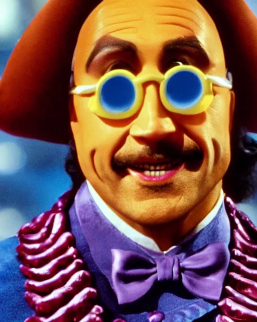 Image similar to Film still close-up shot of Dwayne Johnson as Willy Wonka from the movie Willy Wonka & The Chocolate Factory. Photographic, photography