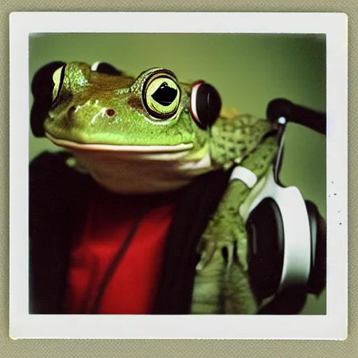 Image similar to a polaroid photo of a frog wearing headphones