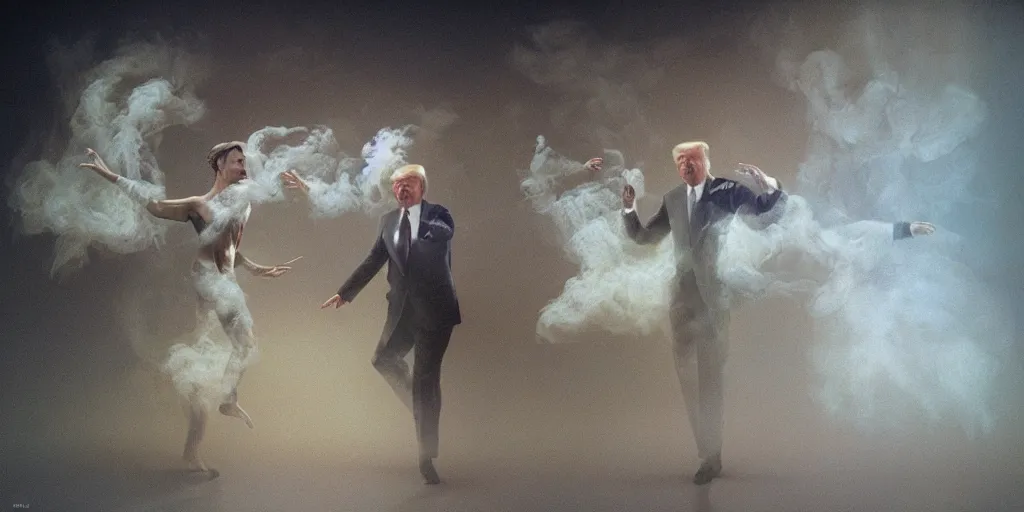 Prompt: Realistic render of an intricate and detailed Donald Trump dance duet made of smoke by Zdzisław Beksiński, floating in space,dream,reflections, dusty and smokey, 8k, ethereal, hyperrealism