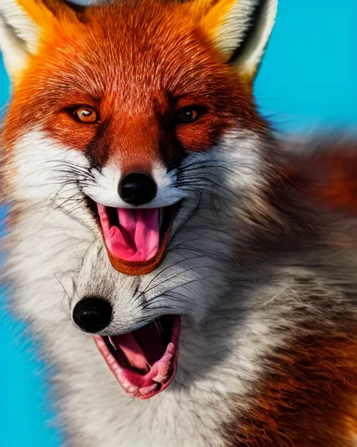 Prompt: rainbow fox yawning, portrait, blue background, 8 k, 8 5 mm f 1. 8