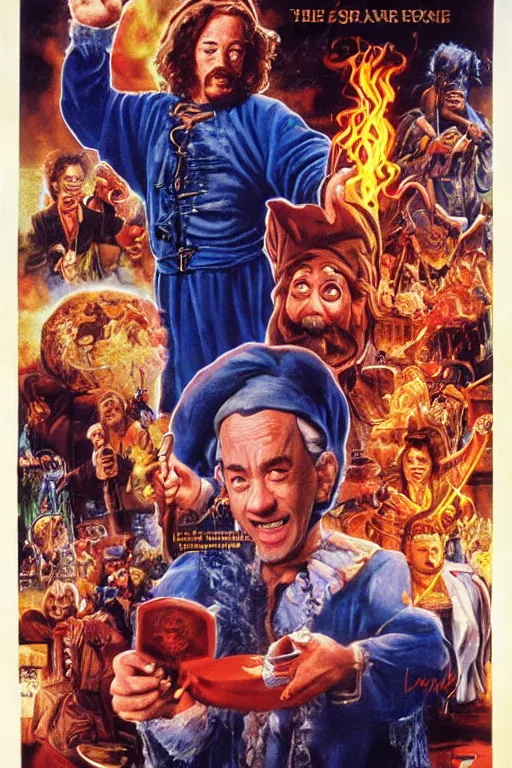 Image similar to movie poster hanksgiving, tom hanks, turkey, a wizard, lightning, 1 9 8 2, drew struzan inspiration