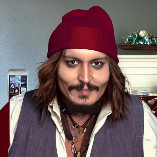 Prompt: Chubby Johnny Depp as Jesus Christ wearing a brown beanie as a YouTuber doing a Livestream