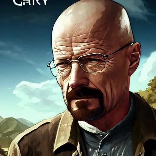 Image similar to Walter white on the cover of Far Cry game, intricate, elegant, highly detailed, digital painting, artstation, concept art, smooth, sharp focus, illustration, art by artgerm and greg rutkowski and alphonse mucha