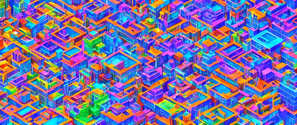 Prompt: an epic 3D city, made up of colorful particles, isometric view, digital art