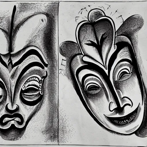 Image similar to an ink drawing of cracked comedy and tragedy theater masks, elaborate detail