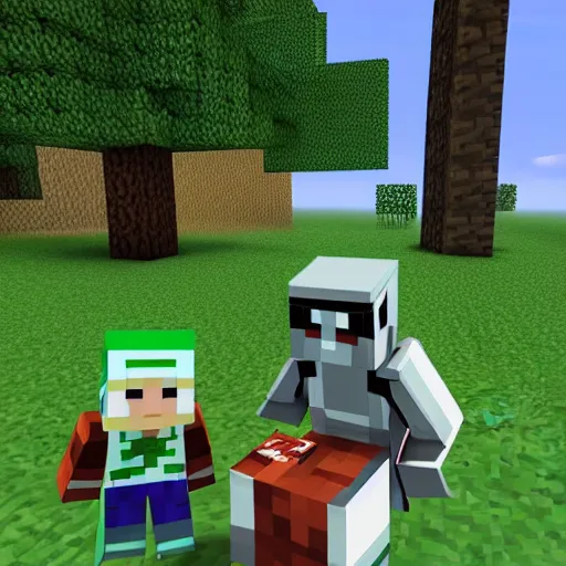 Image similar to master chief and minecraft steve having a picnic under a tree,