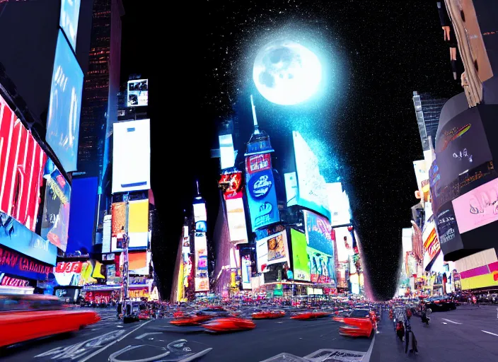 Image similar to film still of the moon shattering into pieces exploding moon over time square in the new disaster, 8 k, night time