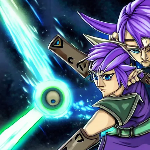 Prompt: fierce deity link fighting majora's mask in the style of kentaro miura