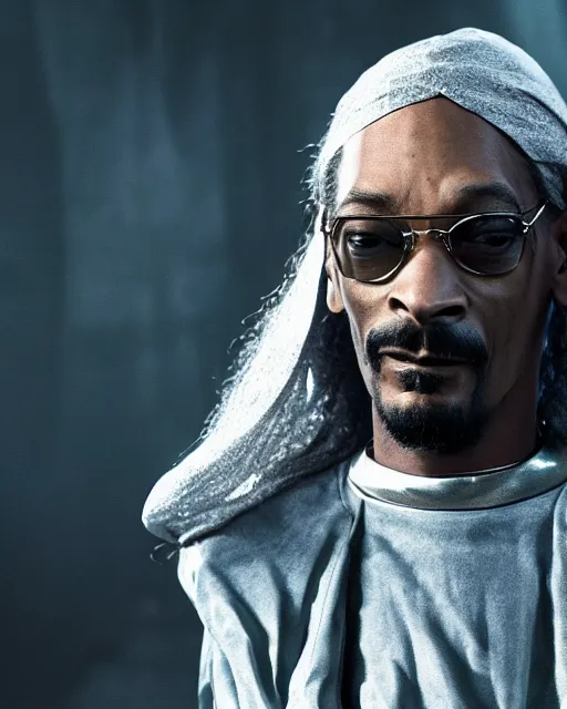 Image similar to Snoop Dogg in the role of Gandalf the Grey fight the Nazgul, film still, amazing short, 8K, IMAX, ultra detailed