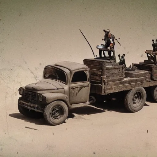 Prompt: bandits riding on top of tow mater with mounted artillery
