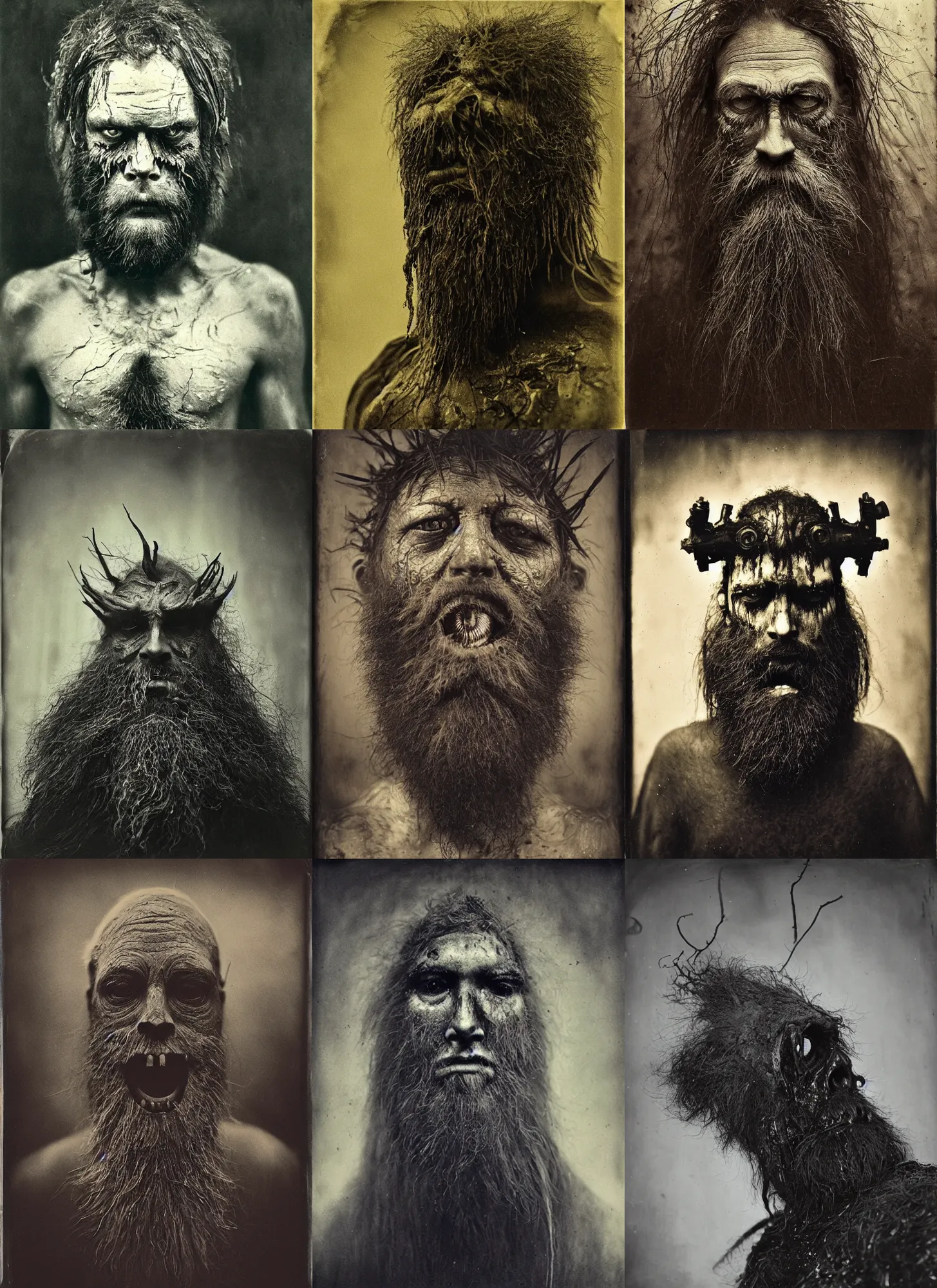 Prompt: wet plate photography, old karl urban long beard, hairy, glowing eyes, beksinski, giger