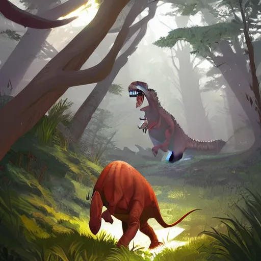 Image similar to painting dinosaurs roaming forest, smooth face median photoshop filter cutout vector, behance hd by jesper ejsing, by rhads, makoto shinkai and lois van baarle, ilya kuvshinov, rossdraws global illumination