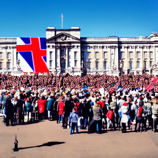 Image similar to a picture of buckingham palace very very very accurate with a gigantic crowd of protestors on the street, the sky is blue and everyone is holding russian flags or posters with prince andrew's face wide shot hyperrealistic photography 7 0 mm