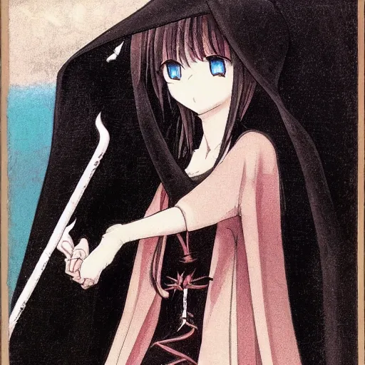 Image similar to archetype of death ((the grim reaper)) is a cute neko girl, anime waifu, posing nicely for a picture, shy, bashful, sweet colors, dark black robe, blush, by Ilya Repin and Maurice Sendak