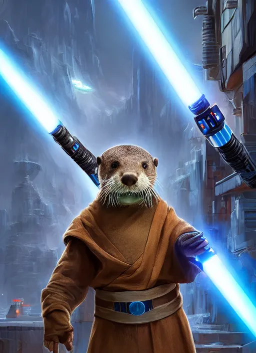 Image similar to portrait, anthropomorphic otter wearing Jedi robes wielding a blue lightsaber in a futuristic river town. Dramatic lighting, cinematic, establishing shot, extremely high detail, photo realistic, post processed, artstation, matte painting, style by eddie mendoza, raphael lacoste, alex ross