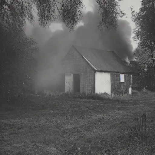 Prompt: a dark wood with an old cottage in state of dis - repair smoke rising, ghosts