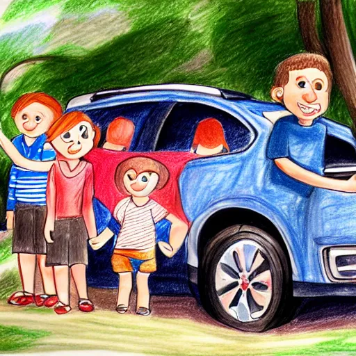 Image similar to a todler's drawing of a family and their suv