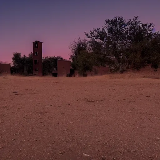 Image similar to a still of a deserted ghost town. Magic hour.