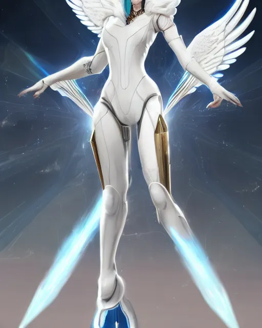 Image similar to perfect white haired attractive egyptian goddess with huge white dove wings, warframe armor, beautiful, symmetric, charlize theron, half asian, pretty face, blue eyes, cyborg, scifi platform, laboratory, experiment, 4 k, ultra realistic, epic lighting, android body, illuminated, cinematic, masterpiece, art by akihito tsukushi, voidstar