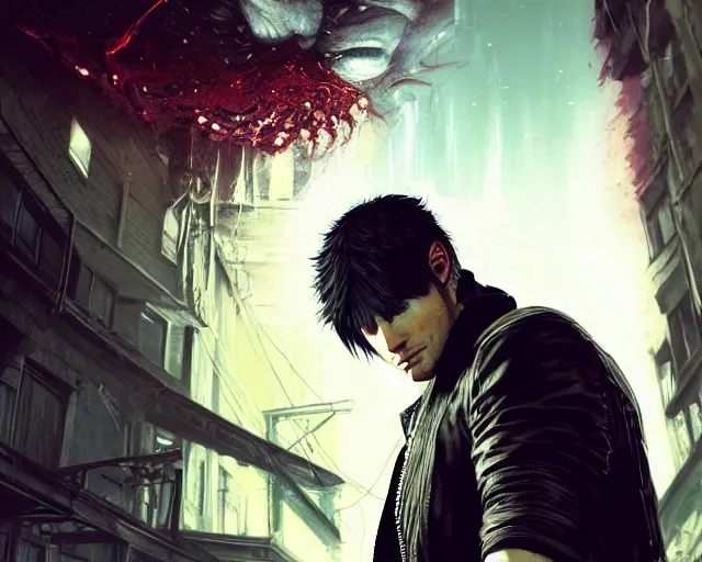 Image similar to highly detailed portrait of jensen ackles as dante from devil may cry 5, in gta v, stephen bliss, unreal engine, fantasy art by greg rutkowski, loish, rhads, ferdinand knab, makoto shinkai and lois van baarle, ilya kuvshinov, rossdraws, tom bagshaw, global illumination, radiant light, detailed and intricate environment