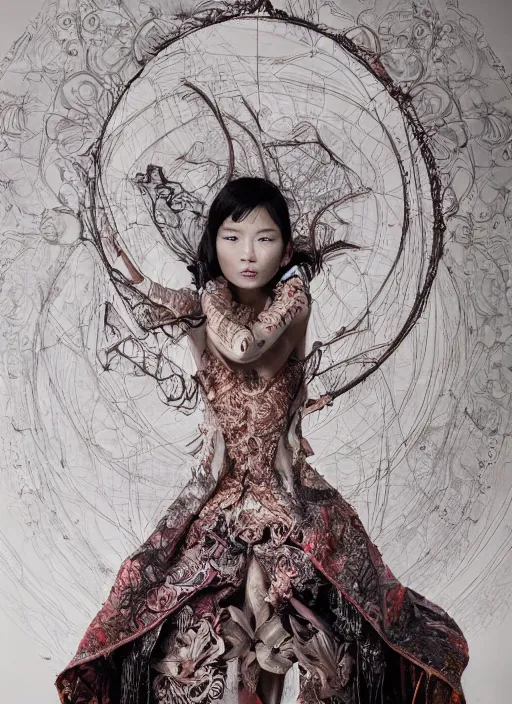 Prompt: a portrait of asian female by stefan geselle and nekro borja, photorealistic, intricate details, hyper realistic, fantasy, elegant, baroque, photorealistic, canon r 3, photography, wide shot, symmetrical features, symmetrical pose, wide angle shot, head to toe, standing pose, feet on the ground, wearable art