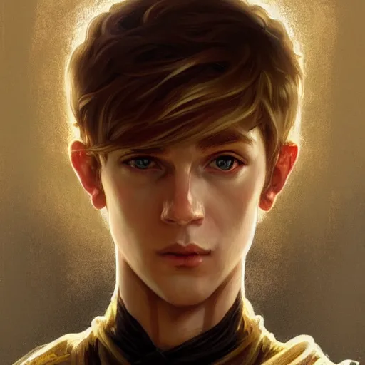 Image similar to an epic fantasy comic book style portrait painting of a young blonde boy thief, d & d, fantasy, intricate, elegant, highly detailed, digital painting, artstation, concept art, matte, sharp focus, illustration, art by artgerm and greg rutkowski and alphonse mucha