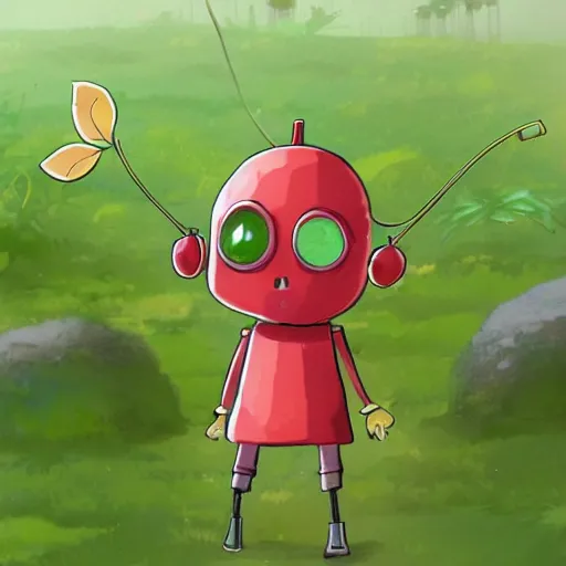 Image similar to cute little robot with tomato hat with a leaf, and one chive in one hand, made in abyss style, standing on a forest