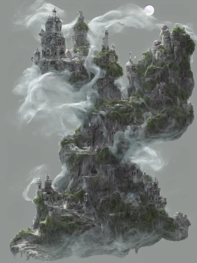 Image similar to cute fumo plush of a princess girl in a tower on a tiny island which she lays sole claim to, selfish empress of the abyss, tempestuous waters and thunderclouds, wisps of volumetric smoke and fog, gothic wraith maiden in tattered white dress, floating island, vignette, vray