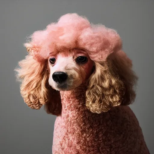 Image similar to studio photo of a poodle made of pink cotton candy. backlit, studio lighting, canon 85mm f1.4 lens