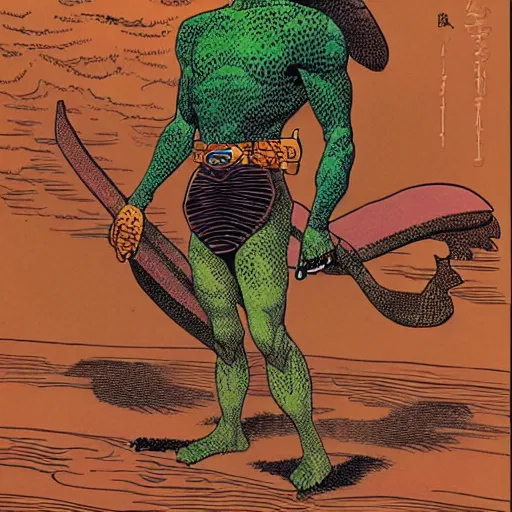 Prompt: anthropomorphic turtle hero by moebius