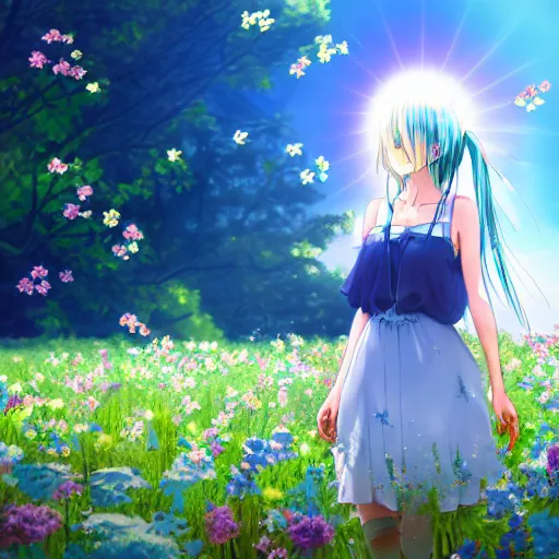 Image similar to Anime girl with cobalt blue hair and a side bun wearing a white sun dress in a scenic field of flowers, trending on pixiv, very very beautiful, 4k